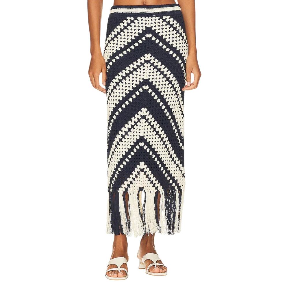Zimmermann Chintz Crochet Fringed Chevron Striped Boho Beach Midi Skirt Size 0P